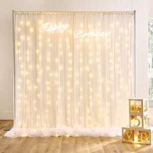 10ft x 10ft Dual Layer Ivory Tulle Backdrop Curtain Panels with Light, 2 Panels 5 x 10 ft Photo Background Drapes for Wedding Baby Shower Party Engagement Bridal Shower Photography