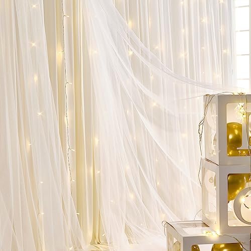 10ft x 10ft Dual Layer Ivory Tulle Backdrop Curtain Panels with Light, 2 Panels 5 x 10 ft Photo Background Drapes for Wedding Baby Shower Party Engagement Bridal Shower Photography