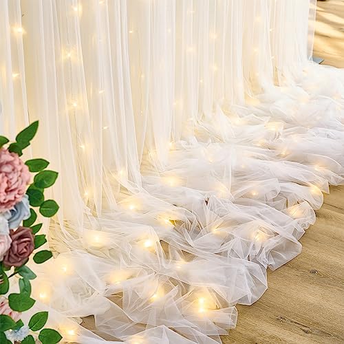 10ft x 10ft Dual Layer Ivory Tulle Backdrop Curtain Panels with Light, 2 Panels 5 x 10 ft Photo Background Drapes for Wedding Baby Shower Party Engagement Bridal Shower Photography