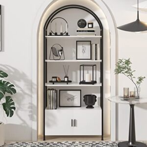 jehiatek arched bookshelf, bookcase with doors storage, 71 inches tall industrial book shelf with sturdy metal frame, e1 quality boards, freestanding display shelving unit, black and white