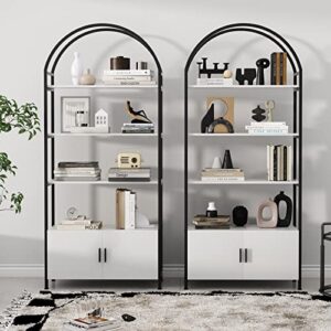 Jehiatek Arched Bookshelf, Bookcase with Doors Storage, 71 Inches Tall Industrial Book Shelf with Sturdy Metal Frame, E1 Quality Boards, Freestanding Display Shelving Unit, Black and White