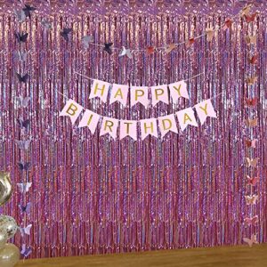 Pink Backdrop Glitter Curtains, Pink Birthday Party Decorations Pink Streamer Backdrop Pink Tinsel Foil Fringe Curtains for Girl Birthday Unicorn Bachelorette Baby Shower Party Decorations (3 Pack)