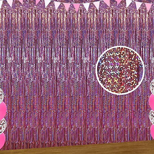 Pink Backdrop Glitter Curtains, Pink Birthday Party Decorations Pink Streamer Backdrop Pink Tinsel Foil Fringe Curtains for Girl Birthday Unicorn Bachelorette Baby Shower Party Decorations (3 Pack)