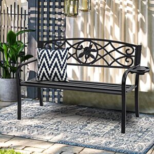 yitahome outdoor bench 50" metal bench with cup holder rose pattern patio bench with backrest and armrest for porch lawn balcony backyard and indoor black