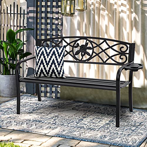 YITAHOME Outdoor Bench 50" Metal Bench with Cup Holder Rose Pattern Patio Bench with Backrest and Armrest for Porch Lawn Balcony Backyard and Indoor Black