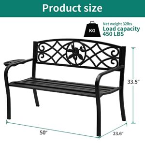 YITAHOME Outdoor Bench 50" Metal Bench with Cup Holder Rose Pattern Patio Bench with Backrest and Armrest for Porch Lawn Balcony Backyard and Indoor Black