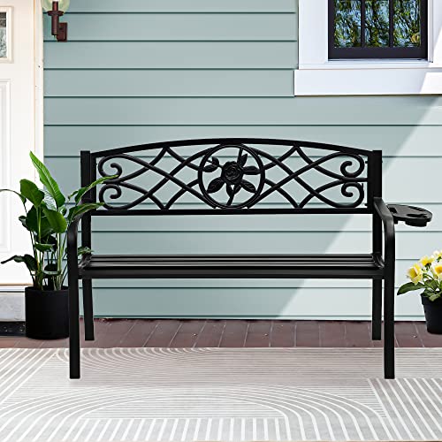 YITAHOME Outdoor Bench 50" Metal Bench with Cup Holder Rose Pattern Patio Bench with Backrest and Armrest for Porch Lawn Balcony Backyard and Indoor Black