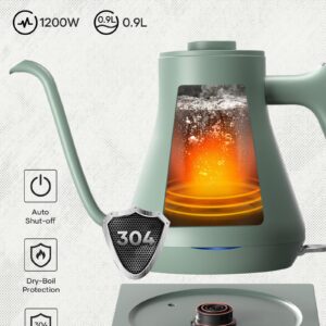 Electric Kettle, Offacy Gooseneck Kettle with 6.8mm Fine V-Shaped Spout, Auto Shut-Off & Boil Dry Protection, BPA Free, 1200 Watt Quick Heating, 0.9L, Light Green