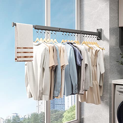 CHAHUANV Wall Mounted Clothes Drying Rack,Laundry Drying Rack Wall Mount,Laundry Clothes Hanger,Drying Rack Clothing,Retractable Laundry Rack for Hanging Clothes,Collapsible,Foldable,Grey-Hooks