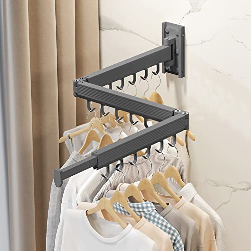 CHAHUANV Wall Mounted Clothes Drying Rack,Laundry Drying Rack Wall Mount,Laundry Clothes Hanger,Drying Rack Clothing,Retractable Laundry Rack for Hanging Clothes,Collapsible,Foldable,Grey-Hooks