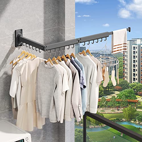 CHAHUANV Wall Mounted Clothes Drying Rack,Laundry Drying Rack Wall Mount,Laundry Clothes Hanger,Drying Rack Clothing,Retractable Laundry Rack for Hanging Clothes,Collapsible,Foldable,Grey-Hooks