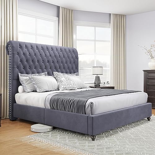 Jocisland Upholstered Bed Frame Queen Size Velvet Tufted Bed Frame Sleigh Headboard Silver Gray