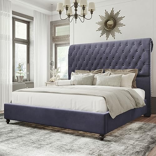 Jocisland Upholstered Bed Frame Queen Size Velvet Tufted Bed Frame Sleigh Headboard Silver Gray