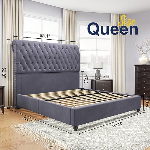 Jocisland Upholstered Bed Frame Queen Size Velvet Tufted Bed Frame Sleigh Headboard Silver Gray