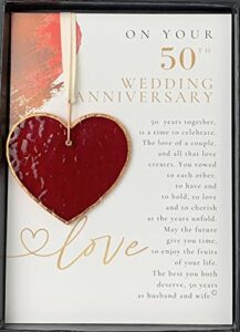 on your 50th wedding anniversary: beautiful stained glass heart; a sentimental and meaningful keepsake ornament for the married couple - handmade in usa