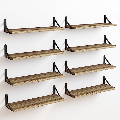 Fixwal Floating Shelves Wall Shelves Width 4.7in Rustic Wood Set of 8, Wall Storage Shelves for Bedroom, Living Room, Kitchen, Bathroom, Office and Plants (Carbonized Black)