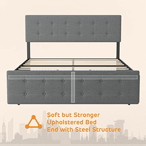 Alkmaar Queen Bed Frame with 4 Storage Drawers,Upholstered Bed Frame Platform with Adjustable Headboard No Box Spring Needed