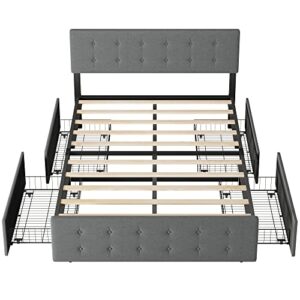 Alkmaar Queen Bed Frame with 4 Storage Drawers,Upholstered Bed Frame Platform with Adjustable Headboard No Box Spring Needed