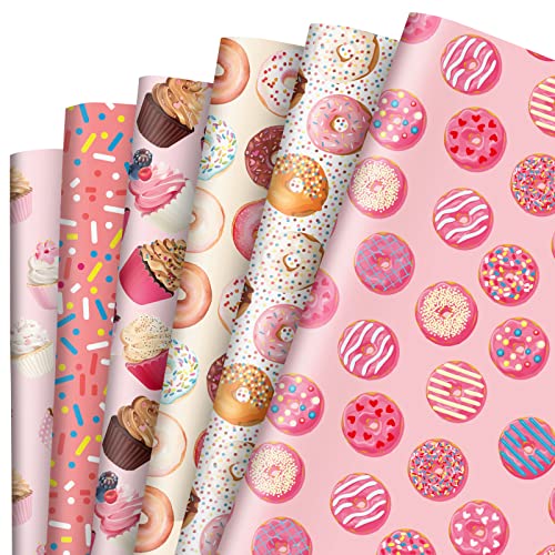 AnyDesign 12 Sheet Sweet Wrapping Paper Pink Donuts Cupcake Muffin Pattern Gift Wrap Bulk Dessert Print Art Paper for Birthday Wedding Baby Shower DIY Crafts Gift Packing, 19.7 x 27.6 Inch, Folded Flat