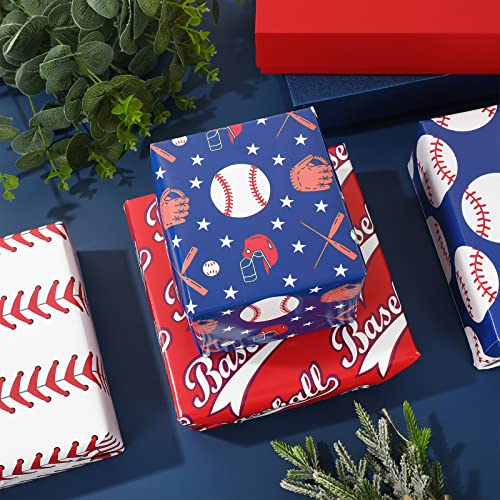 AnyDesign 12 Sheet Baseball Wrapping Paper Red Blue White Sports Gift Wrap Paper Bulk Folded Flat Baseball Print Art Paper for Baseball Theme Birthday Party DIY Crafts Gift Wrapping, 19.7 x 27.6 Inch