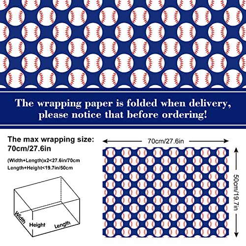 AnyDesign 12 Sheet Baseball Wrapping Paper Red Blue White Sports Gift Wrap Paper Bulk Folded Flat Baseball Print Art Paper for Baseball Theme Birthday Party DIY Crafts Gift Wrapping, 19.7 x 27.6 Inch