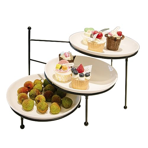 HPC Decor 3 Tiered Serving Stand w/White Porcelain Plates- Foldable Swivel Food Display Stand for Party Buffet-Dessert Display Server- 10in Tier Serving Trays with Black Metal Stand for Entertaining