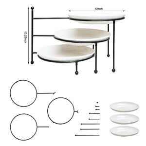 HPC Decor 3 Tiered Serving Stand w/White Porcelain Plates- Foldable Swivel Food Display Stand for Party Buffet-Dessert Display Server- 10in Tier Serving Trays with Black Metal Stand for Entertaining