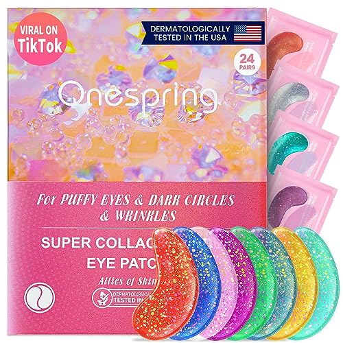 Onespring Under Eye Patches (24 Pairs) - Under Eye Mask for Wrinkles, Puffy Eyes, Dark Circles, Eye Bags, Natural Collagen Eye Gels Pads, Under Eye Mask Patches for Beauty & Personal Care