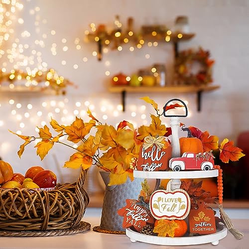 Fall Decorations for Home, DECSPAS 6 PCS Wood Block Set Fall Decor, Pumpkin Truck Maple Leaf Cutting Board Ornaments with An Orange Wooden Beads Garland Thanksgiving Decorations Tiered Tray Decor