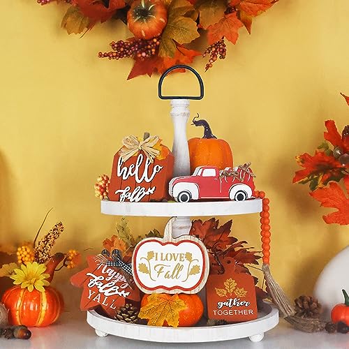 Fall Decorations for Home, DECSPAS 6 PCS Wood Block Set Fall Decor, Pumpkin Truck Maple Leaf Cutting Board Ornaments with An Orange Wooden Beads Garland Thanksgiving Decorations Tiered Tray Decor