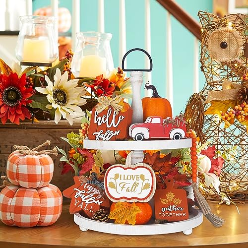 Fall Decorations for Home, DECSPAS 6 PCS Wood Block Set Fall Decor, Pumpkin Truck Maple Leaf Cutting Board Ornaments with An Orange Wooden Beads Garland Thanksgiving Decorations Tiered Tray Decor