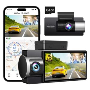 wolfbox i17 dash cam front inside, 4k+2.5k 5g wifi dual dash camera with 64gb card, 2160p uhd 3" lcd car camera for cars with super ir night vision, smart parking monitor, gps, loop recording