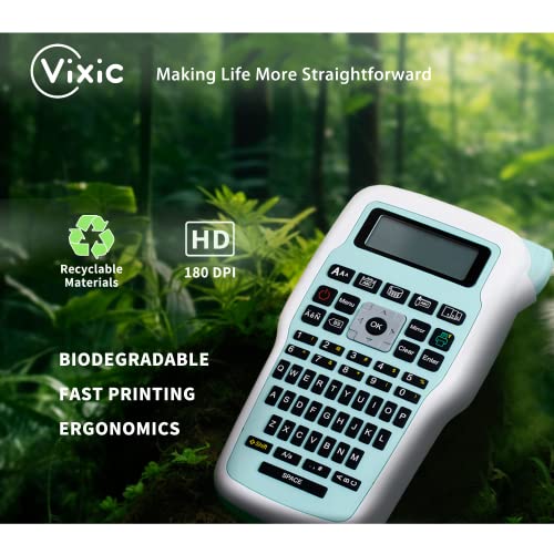 Vixic E1000 Handheld Label Maker Machine, Green Portable QWERTY Keyboard Easy to Use AC Adapter Labeler, Multiple Fonts Icons Printer for Home School Office Industry Organization
