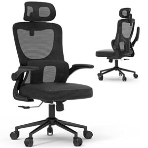 laziiey home office desk chair, ergonomic office chair with flip up arms adjustable headrest, mesh computer chairs with lumbar support for office home work