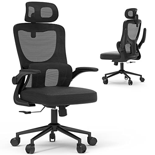 Laziiey Home Office Desk Chair, Ergonomic Office Chair with Flip Up Arms Adjustable Headrest, Mesh Computer Chairs with Lumbar Support for Office Home Work