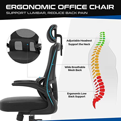 Laziiey Home Office Desk Chair, Ergonomic Office Chair with Flip Up Arms Adjustable Headrest, Mesh Computer Chairs with Lumbar Support for Office Home Work