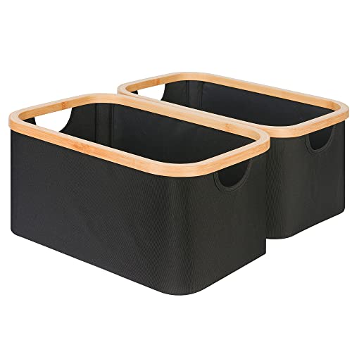 efluky Storage Baskets for Organizing, Fabric Storage Bins with Bamboo Handles, Collapsible Storage Baskets for Shelves and Closet, Black Set of 2