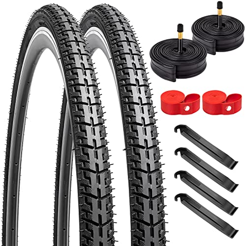 YunSCM 700C Road Bike Tires 700 x 35C 37-622 ETRTO and 700C Bike Tubes 700x35/43C AV48mm Schrader Valve Compatible with 2 Rim Stips for 700x35C Bike Bicycle Tires and Tubes- 2 Pack