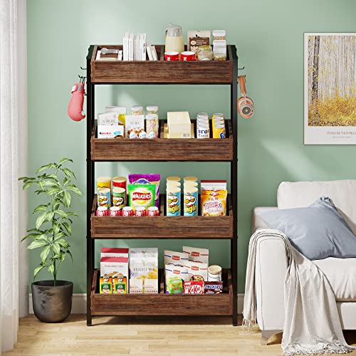 Tribesigns 4-Tier Wood Utility Storage Shelves, Fruit and Vegetable Basket Stand for Kitchen, Office, Store, Supremarket, Pantry Shelf Unit for Snacks, Cookies, Candies, Vintage Brown