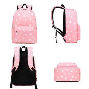 Mimfutu Flowers School Backpack for Teen Girls, 3-in-1 Kids Backpack Bookbag Set School Bags with Lunch Box Pencil Case (Pink)