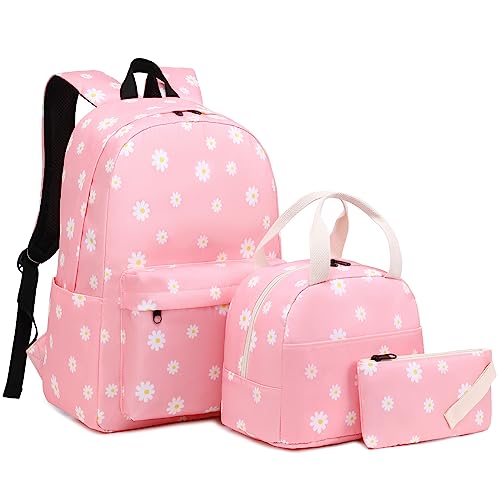 Mimfutu Flowers School Backpack for Teen Girls, 3-in-1 Kids Backpack Bookbag Set School Bags with Lunch Box Pencil Case (Pink)