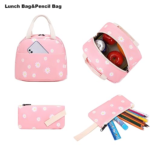 Mimfutu Flowers School Backpack for Teen Girls, 3-in-1 Kids Backpack Bookbag Set School Bags with Lunch Box Pencil Case (Pink)