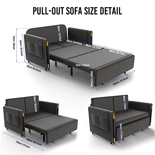 3 in 1 Convertible Sofa Bed, 54" Pull Out Couch 2 Seat Loveseat Sofa Modern Sleeper Sofa Velvet Upholstered Fabric Sofa with 2 Pillows and Storage Armrest for Living Room - Grey