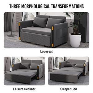 3 in 1 Convertible Sofa Bed, 54" Pull Out Couch 2 Seat Loveseat Sofa Modern Sleeper Sofa Velvet Upholstered Fabric Sofa with 2 Pillows and Storage Armrest for Living Room - Grey