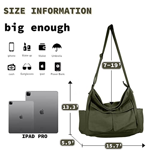 Canvas Messenger Bag Large Hobo Crossbody Bag with Multiple Pockets Casual Shoulder Tote Bag for Women and Men