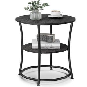 vasagle side table, round end table with 2 shelves for living room, bedroom, nightstand with steel frame for small spaces, outdoor accent coffee table, charcoal gray and black