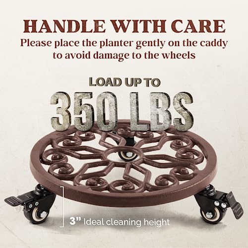 Idzo Cast Iron Caddy Plant Dolly with Lockable Caster Wheels for Indoor Outdoor Holds up 380 Lbs Pots Planter, 12 inch, Round Metal