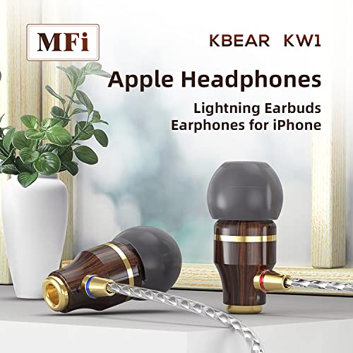 KBEAR Wooden iPhone Headphones Earbuds Earphones wtih Lightning Connector, [Apple MFi Certified] Lightning Headphones for iPhone with Microphone Controller, Compatible All Apple Devices Black