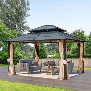 12' x 14' Metal Gazebo W/Double Roof, Anti-Rust Coating Iron Hardtop Sun Shade Shelter Outdoor Canopy & Pergolas w/Curtains and Netting, Steel Grill Gazebo for Patio Garden Lawn Deck, w/Hook Design