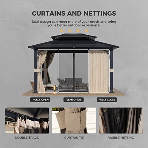 12' x 14' Metal Gazebo W/Double Roof, Anti-Rust Coating Iron Hardtop Sun Shade Shelter Outdoor Canopy & Pergolas w/Curtains and Netting, Steel Grill Gazebo for Patio Garden Lawn Deck, w/Hook Design